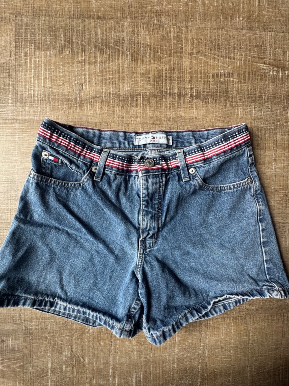Tommy Hilfiger Blue Denim Shorts with Red & White Flag Trim
